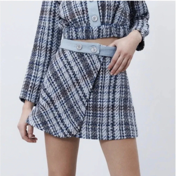 Zara Tweed Weave Mini Skirt in Blue Denim‎ Combination Size Medium - Picture 1 of 13